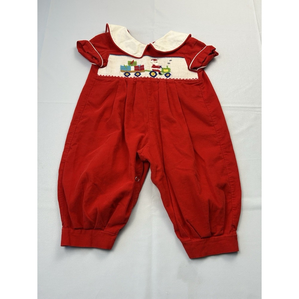 Baby 12M Mom & Me Christmas Smocked Santa Train Romper Red Holiday Photos
